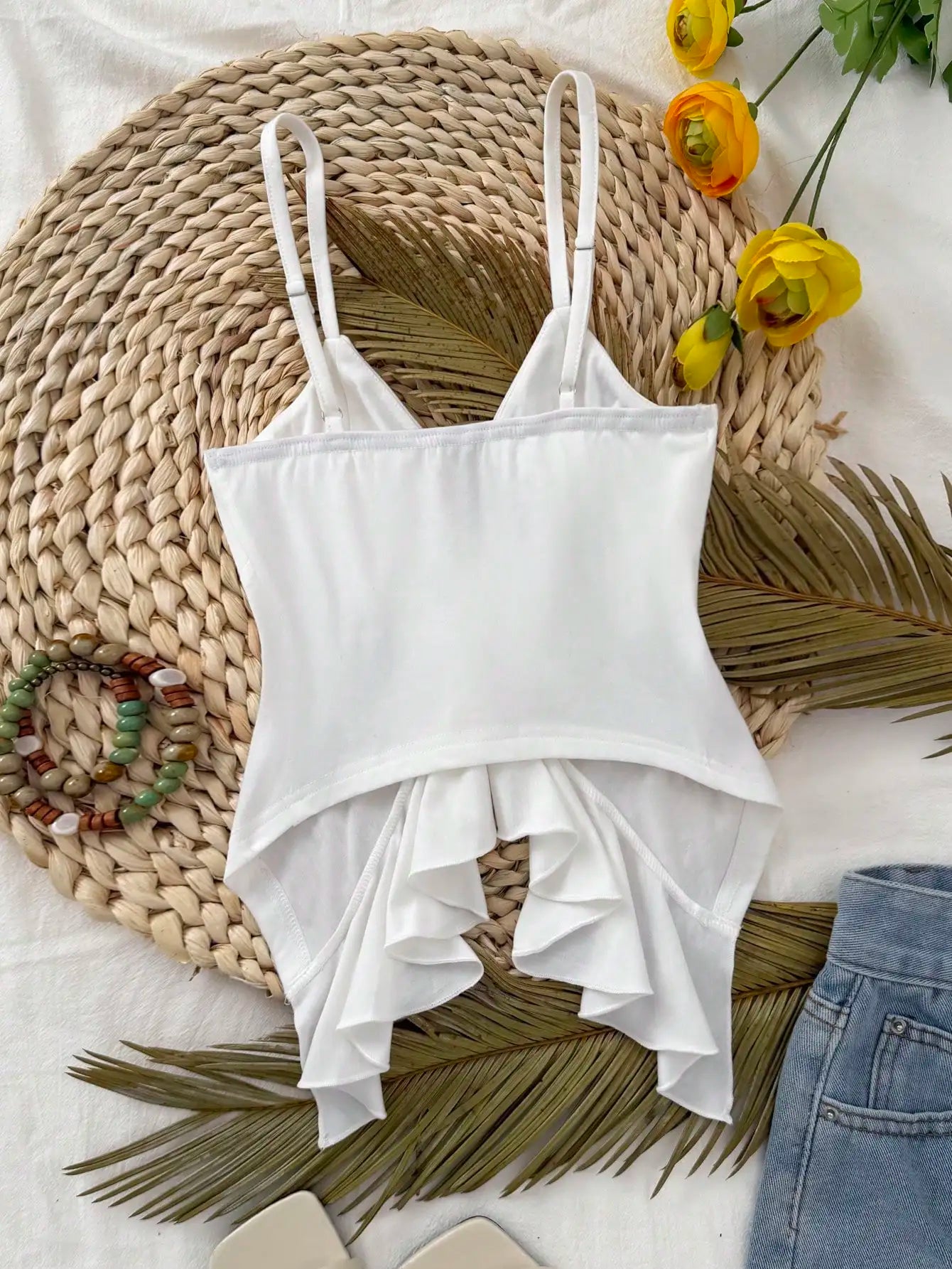 Women Thin Spaghetti Strap Deep V Front Self Tie Ruffle Hem Slim Crop Camisole 2026 Summer Y2K Solid White Sleeveless Going Out