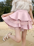 Black Patchwork Lace Short Women Cake Skirt With Lace Up High Waist Preppy Style Cute Ball Gown Kawaii Skirts Girls
