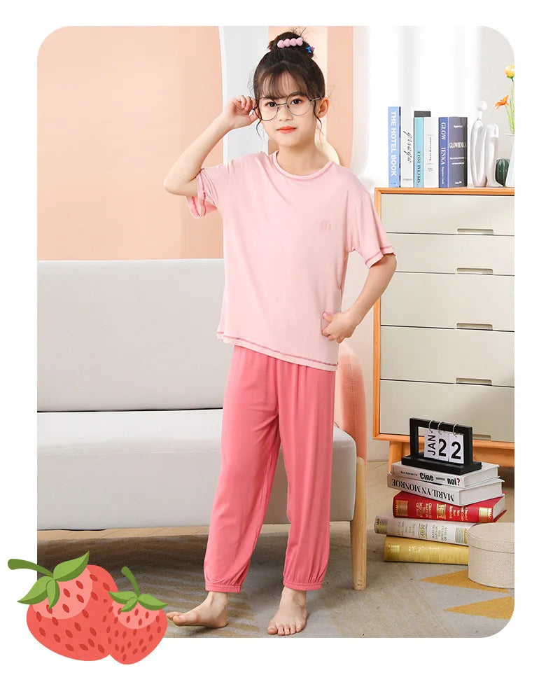 Teenage Boy Pajamas Summer Girl Short Sleeve Children's Clothing Sleepwear Silk Cotton Pyjamas Sets For Kids 4 8 9 12 13 14Years