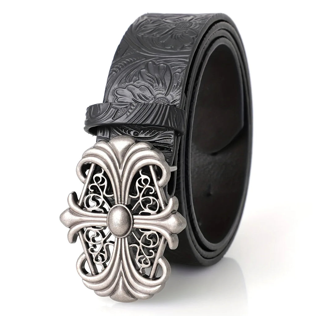 Hong Kong-style Denim Belt with Cross Carving & Rivets Niche Subculture Style Versatile Street Waistband for Casual Daily Outfit