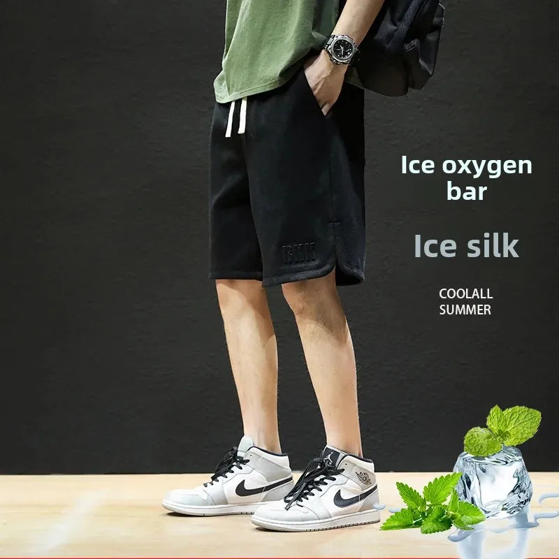 American Style High Street Men's Summer Thin Knit Sweatpants Casual Trendy Brand Plus Size Straight Leg Loose Fit Five Minute Pa