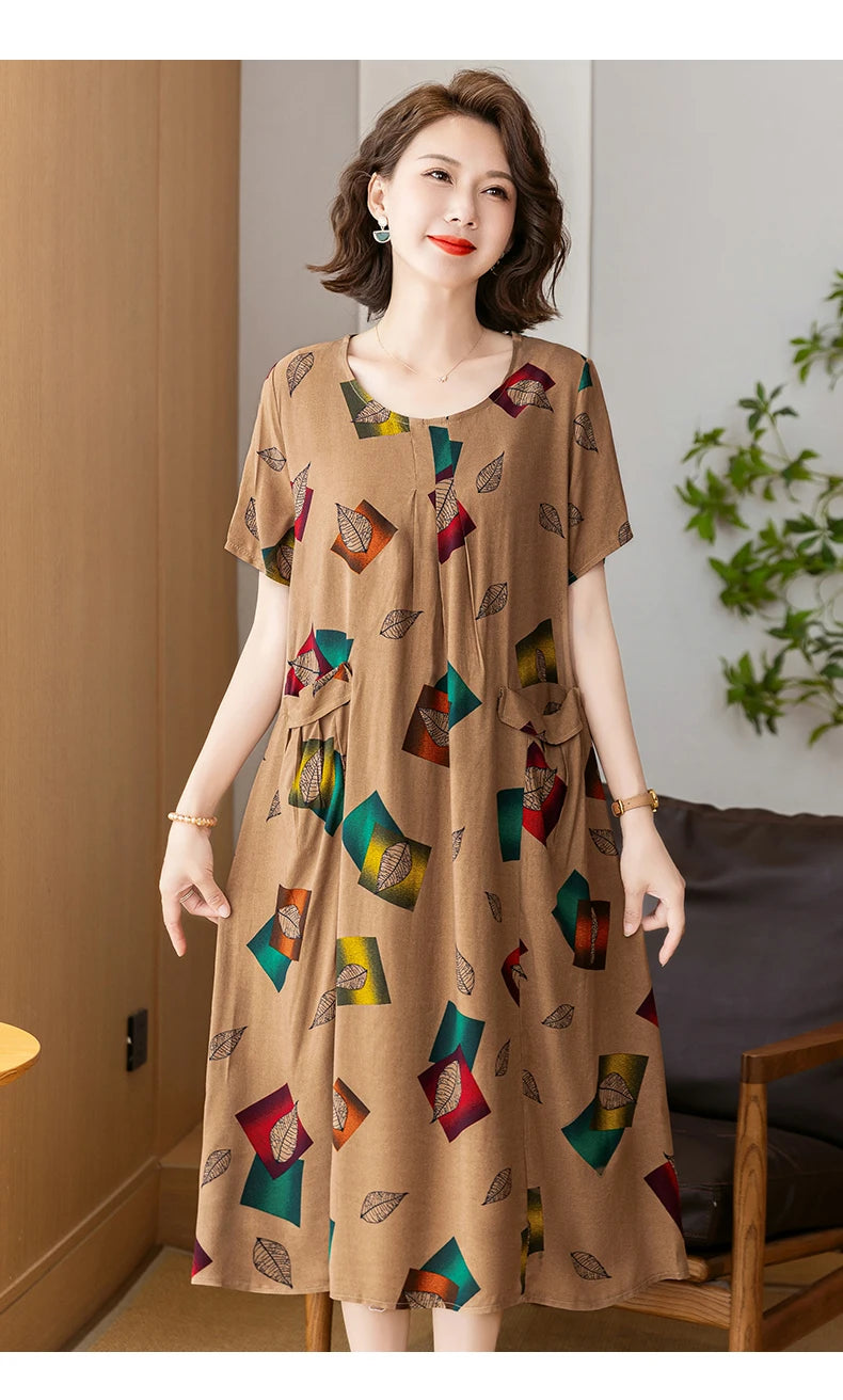 New 2025 Summer Dress Long Vintage Loose Women Elegant Sundress Dress Casual O-neck Dresses Print Plus Size