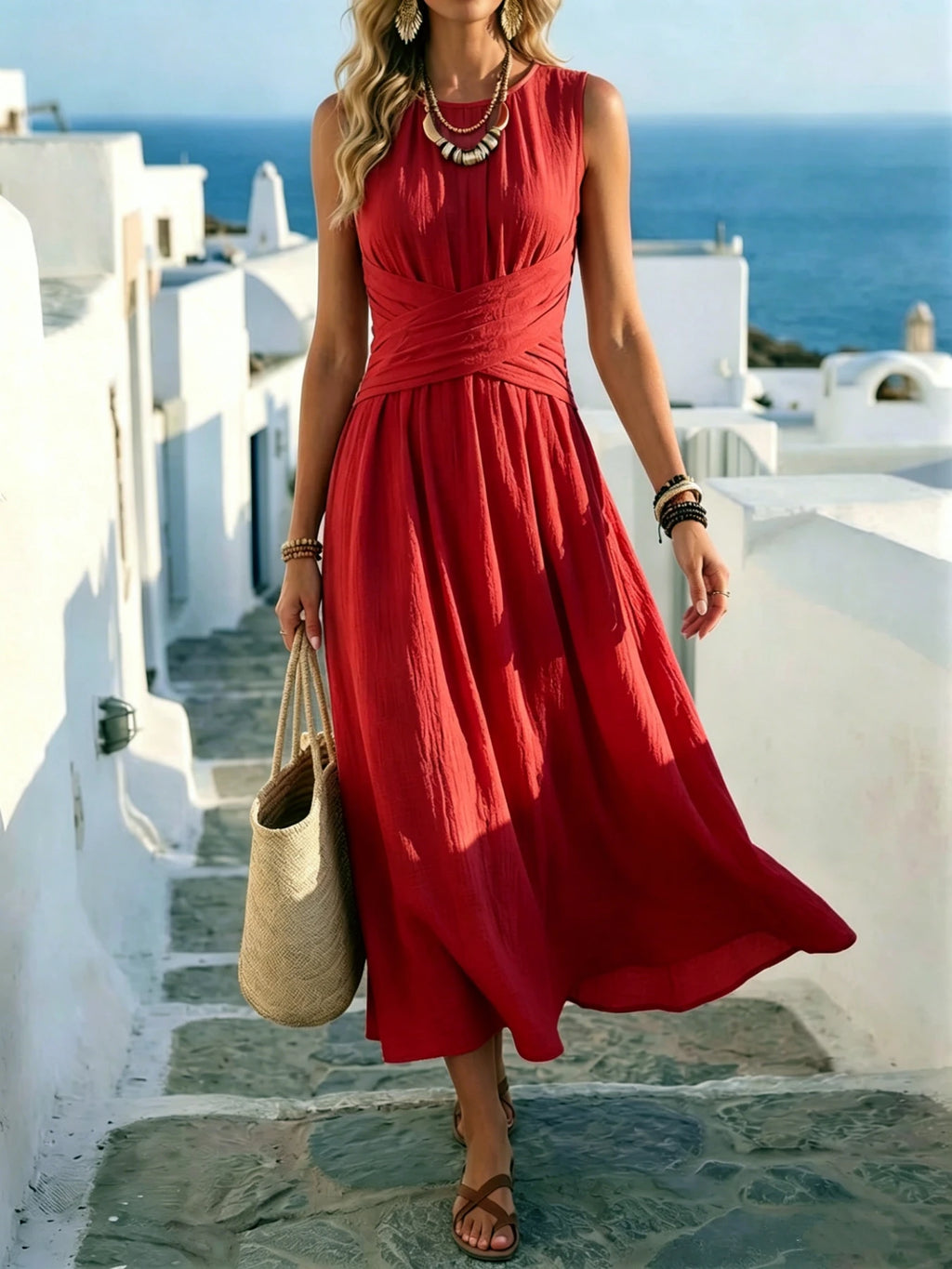 Women's Summer Fashion New Style Elegant Crossed Waistline Round Neck Sleeveless Solid Color Resort Style Maxi Dress