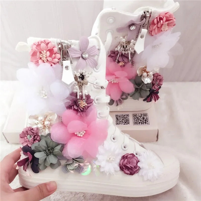 Sweet Flowers Women Canvas Shoes Flat Shoes High Top Manual 2026 New Side Zipper Rhinestone Flowers Ladies Canvas Shoes Pearl