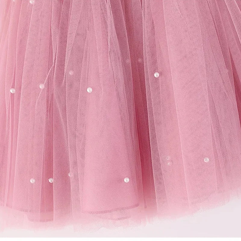 Flower Girls Elegant Cute Bow Pearls Tulle Princess Dress For Toddler Kids Formal Birthday Party Wedding Prom Pageant Puffy Gown