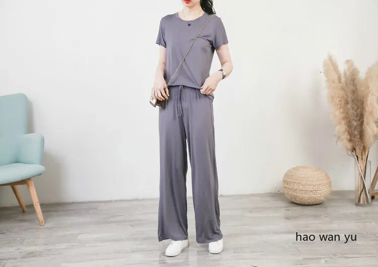 Women's Modal Pajama Set - Wide Leg Pants Casual Lounge Wear