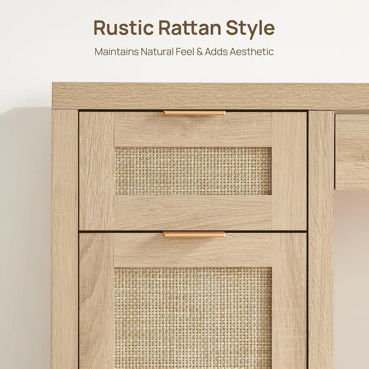 Rattan Desk with Storage, 52" Computer Table with 3 Drawers & 2 Cabinets, Writing Desk for  Study Living Room, Customized