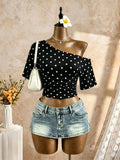 Women One Shoulder Short Sleeve T-shirt Side Ruched Waist Crop Tops Solid White Slant Off Shoulder Slim Fit Casual Streetwear Te