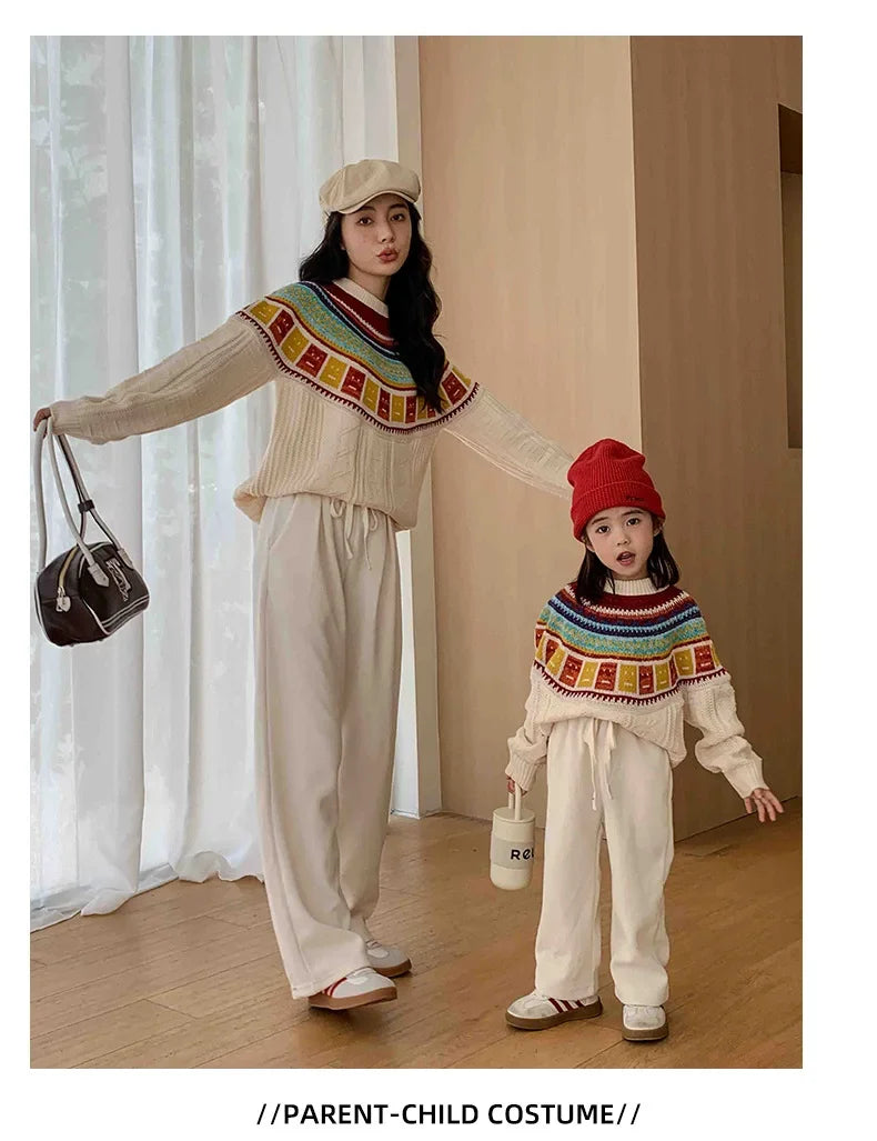 Women Sweater Print Family Daughter Matching Equal Mother Same Knit Top Pullover Baby Knitwear Clothes Knitted Jumper Holiday