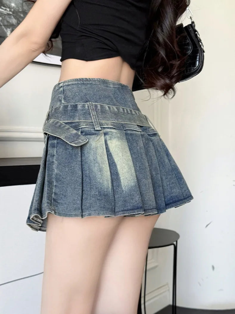 High Waist A-Line  Skirt Women's Denim Pleated Half Body Summer New Style Comfortable Soft Korean Version City Commute