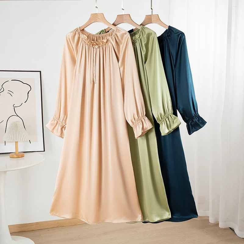 100% Mulberry Silk 16 momme Charmeuse Silk Purple Color Long Sleeve Sleep Dress Sleepwear Nightdress Nightgown QQ068