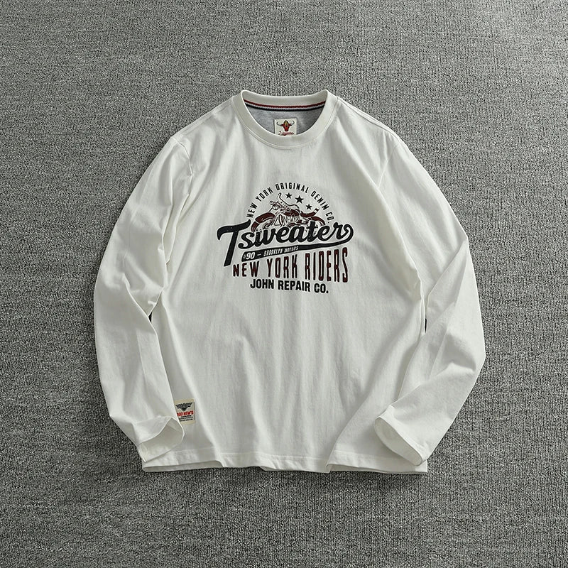Autumn New American Retro Long Sleeve O-Neck Letter Motorcycle Print T-Shirt Men'S Fashion 100% Cotton Washed Casual Sport Tops