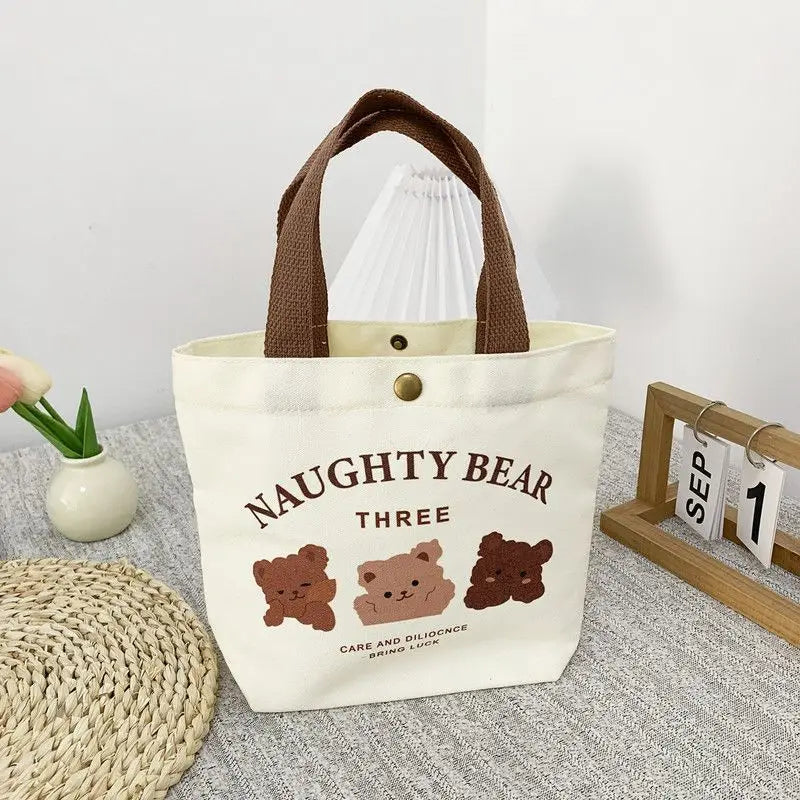 Bear Shape Canvas Tote Bag For Women Cute Mini Handheld Lunch Bag Student School Bag Gift Bag