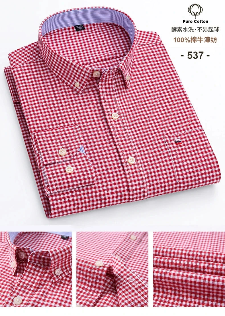 New 100% Cotton Oxford Men Shirts Long Sleeves Plaid Soft Regular Fit Formal Dress Shirt Pocket Social Blouse Male Clothes S-7XL