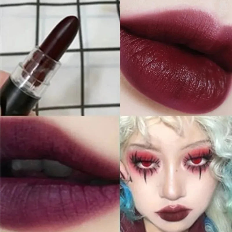 12 Colors Nude Lipstick Matte Velvety Vampire Makeup Punk Black Lip Gloss Smooth Waterproof Lasting Durable Dark Paint Cosmetics