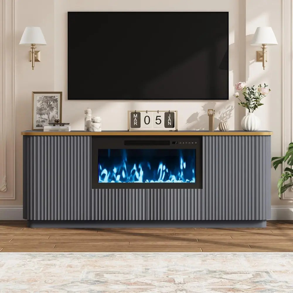 70 Fluted Fireplace TV Stand for TVs Up to 80, Modern Entertainment Center with 30 Crystal Electric Fireplace, Navy Blue
