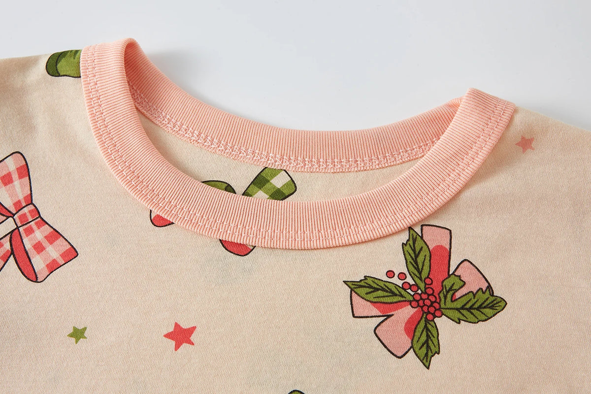Kids Pajama Set 100% Cotton Soft Star and Bow Full Print Loungewear Long Sleeve Pjs Nightwear for Toddler Girls Age 1-8 Years