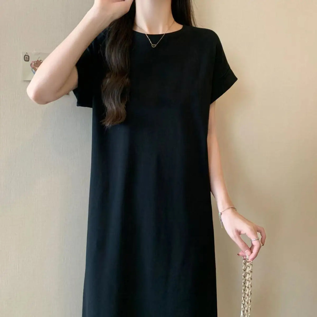 Women Cotton T-Shirt Dress Crew Neck Short Sleeve Loose Split Side Summer Casual Maxi Dress