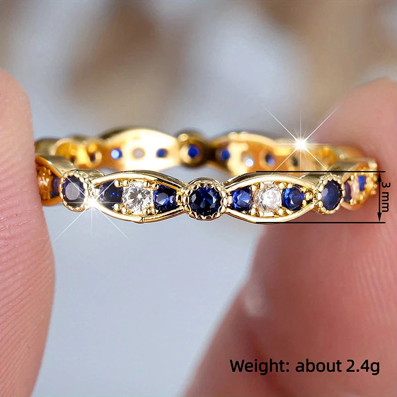 Huitan Exquisite Women Thin Ring with Blue/White Cubic Zirconia Daily Party Luxury Trendy Female Rings Gold Color Twist Jewelry