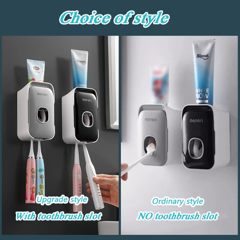 MENGNI Dispensador de pasta dental montado en la pared, exprimidor de pasta dental para baño sin perforaciones, soporte para cepillos de dientes, funcionamiento manual