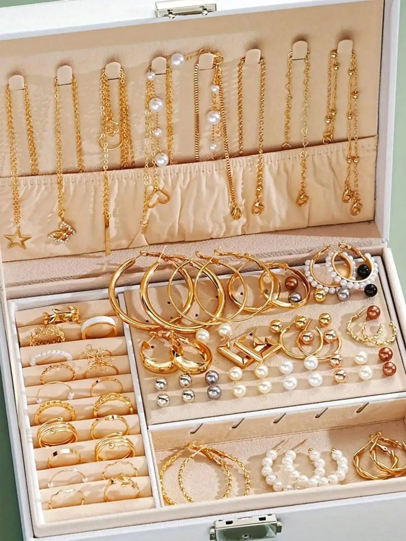 Elegant Pearl Jewelry Set 4 In 1 Multi Layered Necklace Earrings Ring Studs For Women Daily Wear