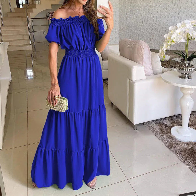 Summer Sexy Off Shoulder Slash Neck Ruffle Beach Party Dress Elegant Women Fashion Red Lace-up Pleated Holiday Long Dresses Robe