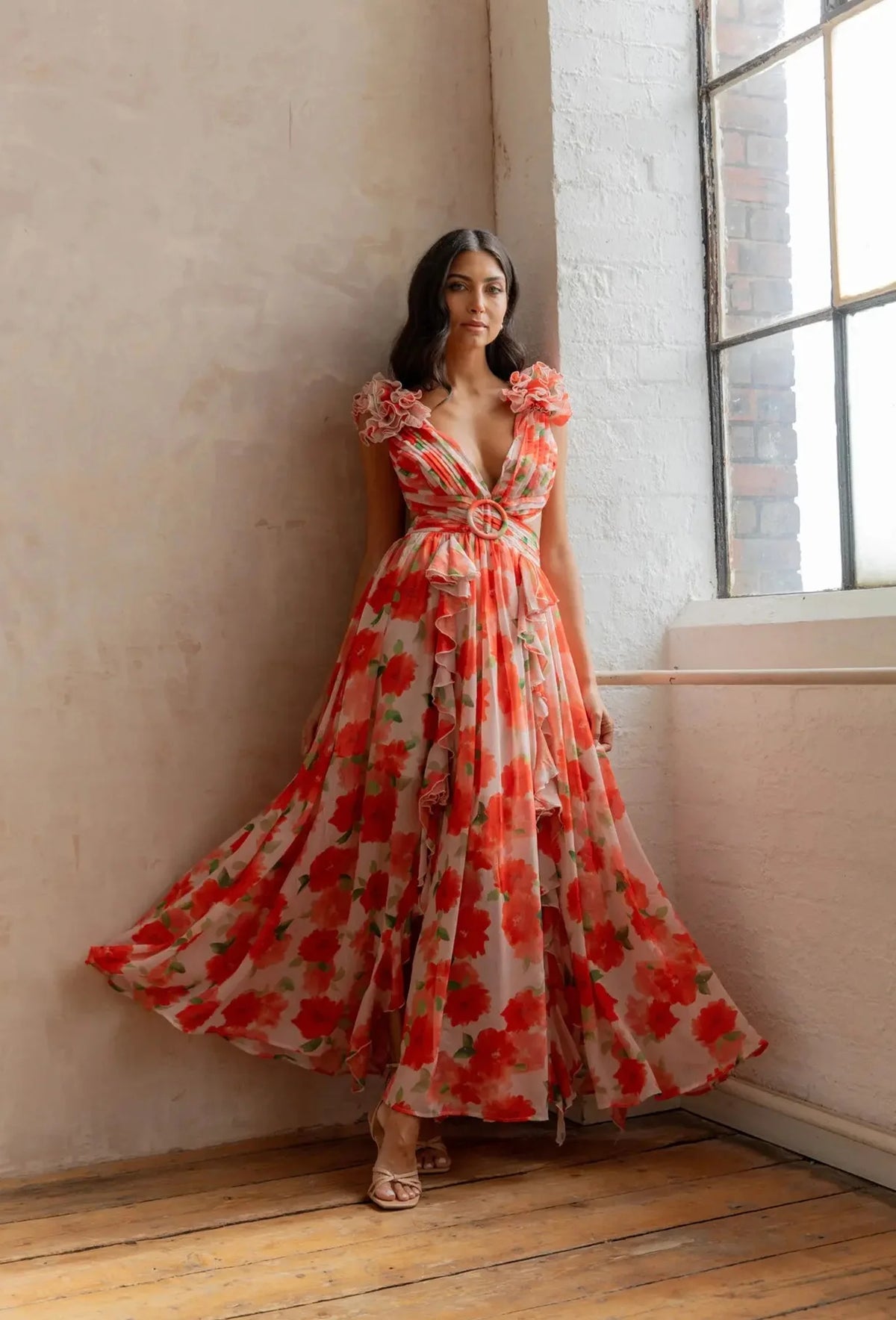 Floral Dress Women Spring Summer Deep V Neck Ruffle Hem Hollow Out Backless Maxi Dresses Bohemian Beach Sundress Outfit