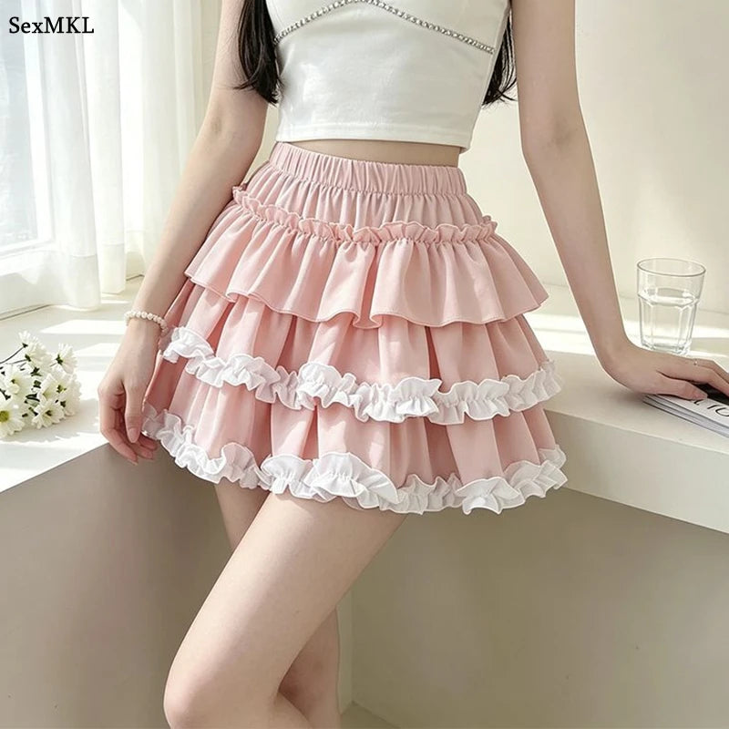 Sweet Ballet Ruffles Mini Skirt Women Ball Gown Casual Pumpkin High Waist Puffy Y2k Clothes Lolita Pleated Skirt with Shorts