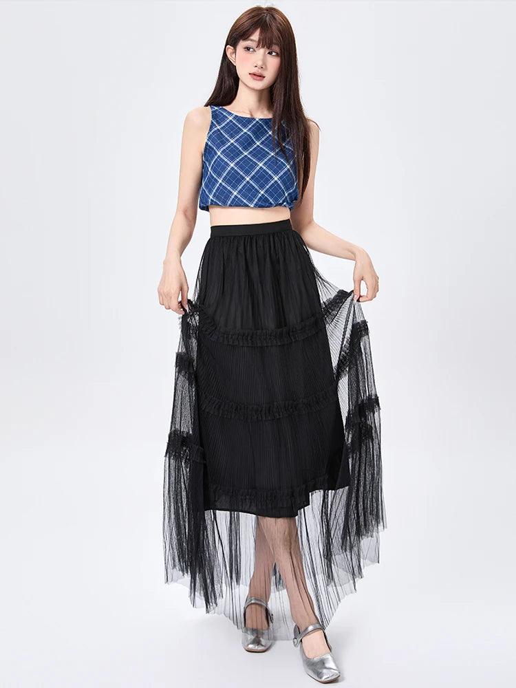 Women's Skirt Spring Summer Tiered Tulle High Waist Ruffle Hem A-Line Pleated Maxi Layered Mesh Cake Skirt Female Faldas SK120