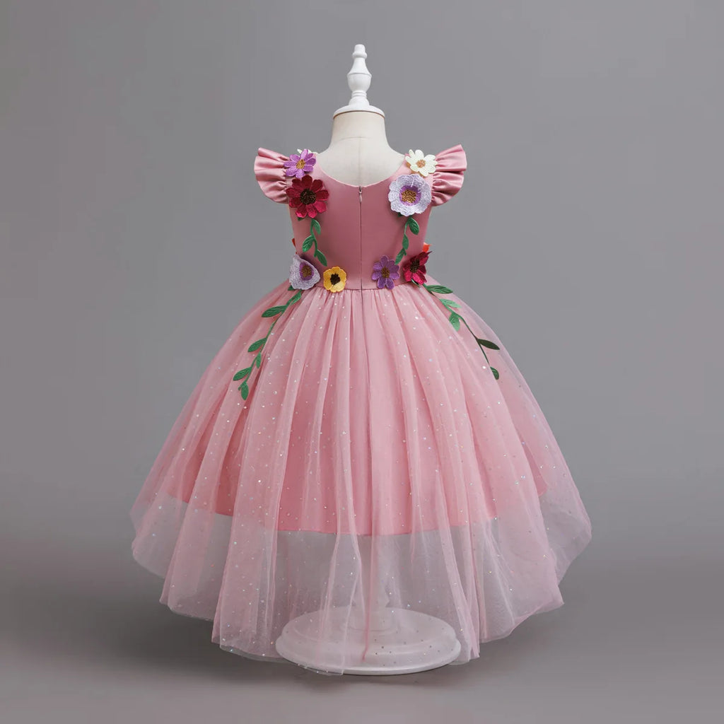 HETISO Princess Dress for Girls Red Christmas Lace Dots Embroidery 3D Flower Formal Party Birthday Gown Kids 2-10 Years