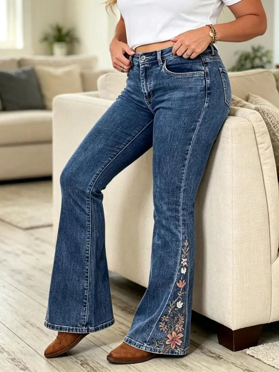 【HME】Jeans | Retro Boho Chic Denim Pants, Ladies Mid‑Rise Bootcut Denim Jeans, Exquisite Side Floral Embroidery Detail, Stretchy Washed Denim Fabric, Figure‑Friendly Slim Flare Pants For All Body Types Daily Wear
