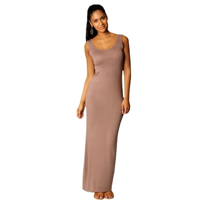 Women‘s Maxi Dress Sleeveless Bodycon Long Dress Elegant Casual Homewear Spring Summer Cool Solid-Color Dress