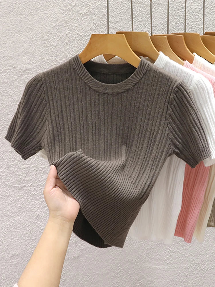 Camiseta Corta Coreana de Punto | Top Básico Liso Casual para Mujer