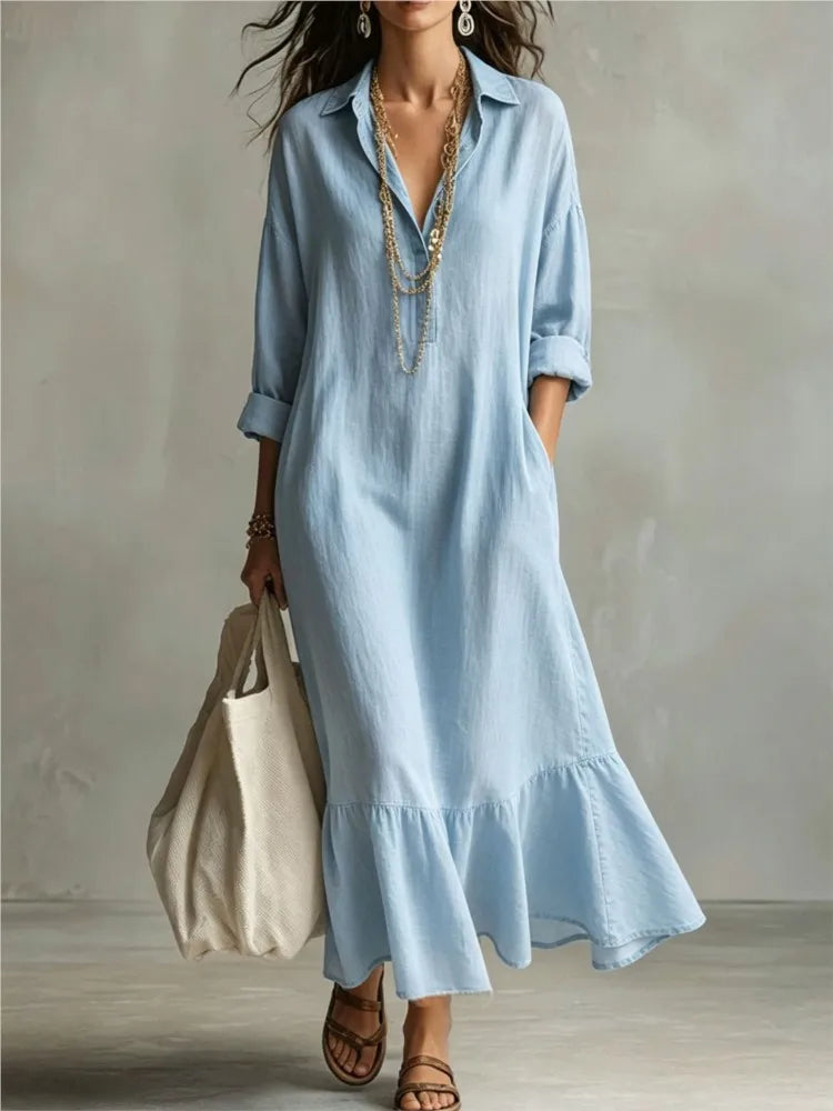 Spring Autumn New Fashion Button Lapel Long Sleeve Shirt Women's Loose Dress Casual Simple Retro Ruffled Swing Dress Female2026