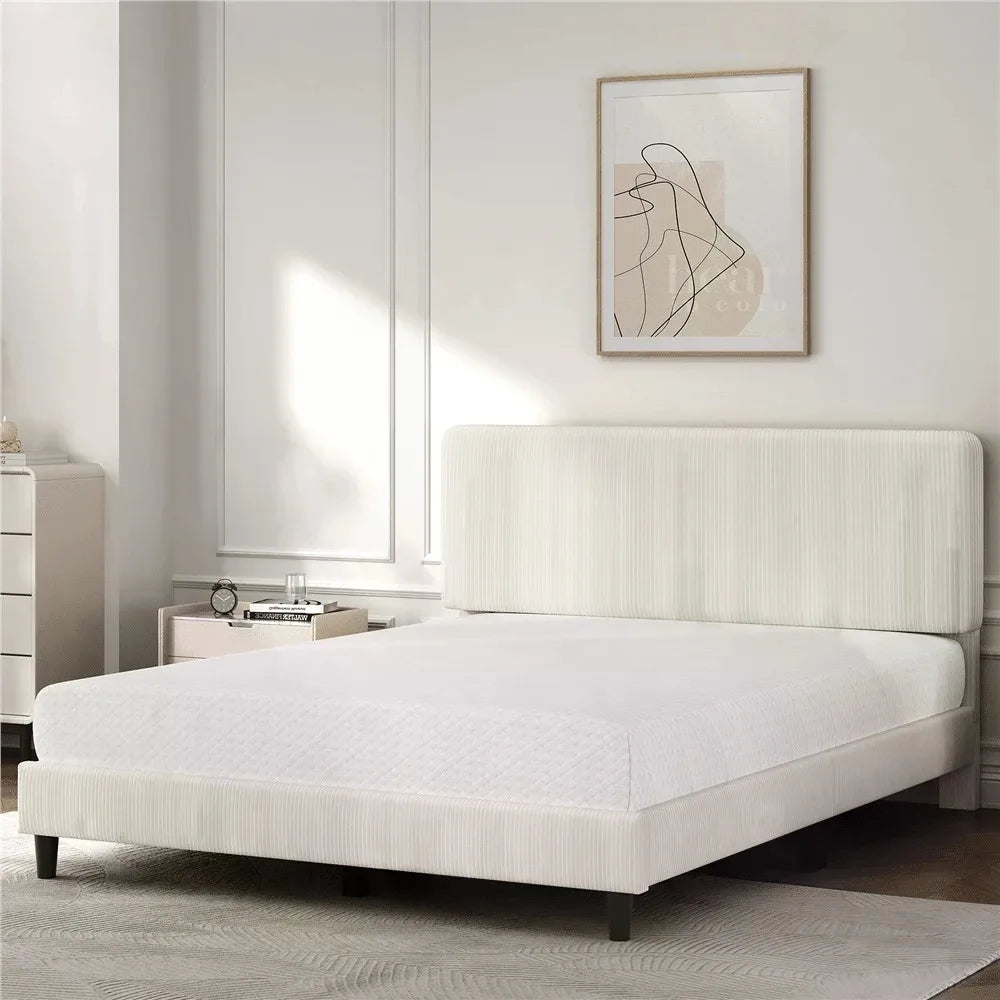 1PC Twin/Full/King Bed Frame With Adjustable Headboard, Mattress Foundation With Wooden Slat Support, Chenille Fabric Upholstered Headboard