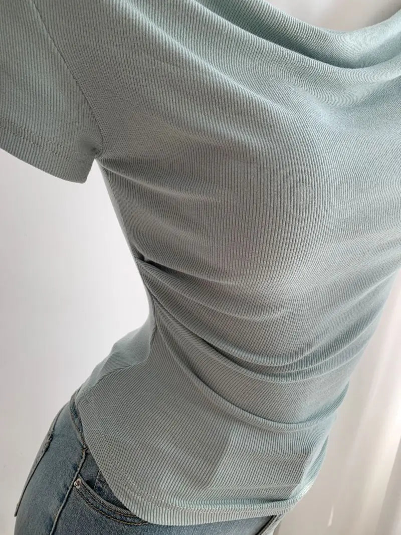 Summer Short Sleeve T-Shirt Shoulder Bared Open Neck Irregular Pleated Korean Style Slim Fit Pure Color Modal Fabric Ladies Top