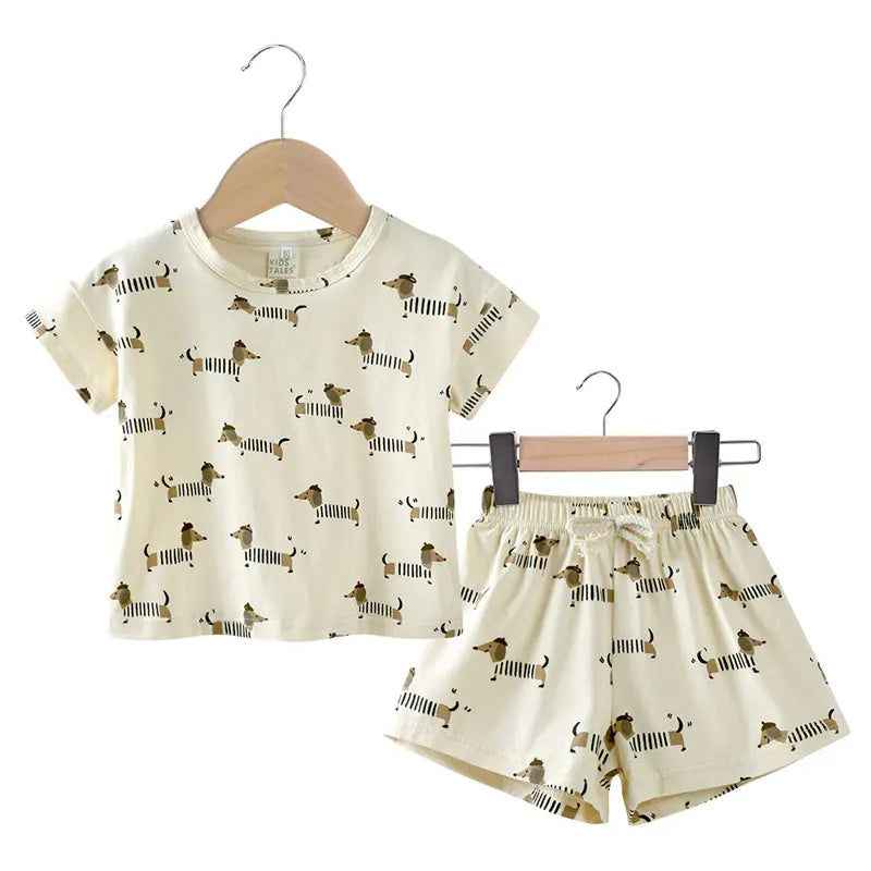 Cartoon Print Toddler Boys Clothes Cotton Short Sleeve Tops Shorts 2 Pcs Summer Kids Clothes Girls Outfit Set 1-3 Years