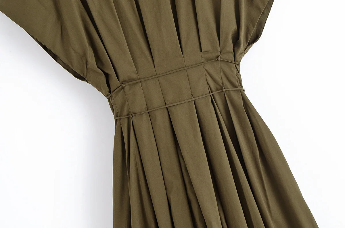 Solid V-Neck Short Sleeve Bow Lace-Up Single-Breasted Women's Fashion Casual Dress Female Summer Elegant Long Dress