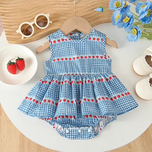 Baby Girl Sleeveless Romper and Hat Set - Cotton Print, 0-24M