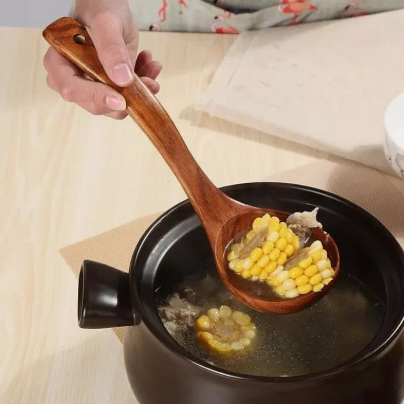 Large Wooden Soup Spoons Long Handle Heat-resistant Rice Scoops Portable Hanging Cookware Home Kitchen Restaurant Cooking Tools