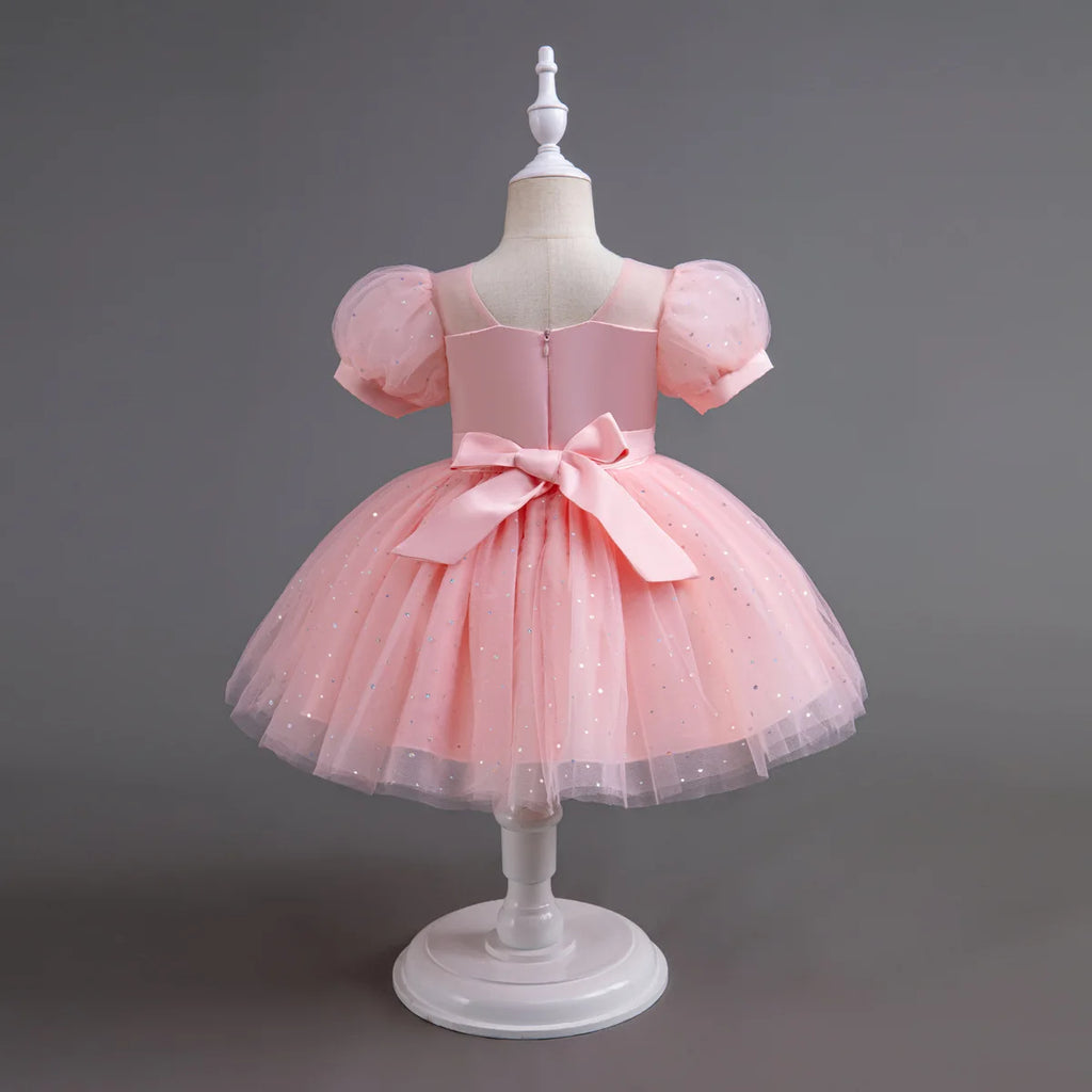 HETISO Pearls Bowknot Kids Girls Dresses Summer Tulle Vintage Elegant Princess Party Gown Children's Gift