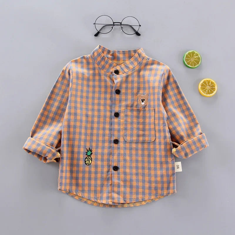 Ienens Kids Plaid Long Sleeve Shirt - Cotton Blend, Unisex