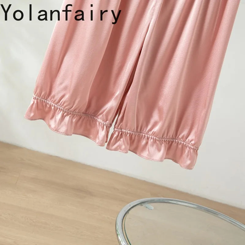 YOLANFAIRY 93% Real Mulberry Silk Pajamas for Woman 2026 Spring Summer High-end Sets Woman 2 Piece Short Sleeve Pijamas De Mujer