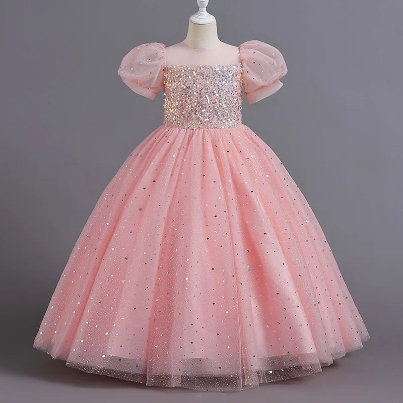 Girls Princess Sequin Bubble Sleeve Long Mesh Flower Dress – Wedding & Summer Party
