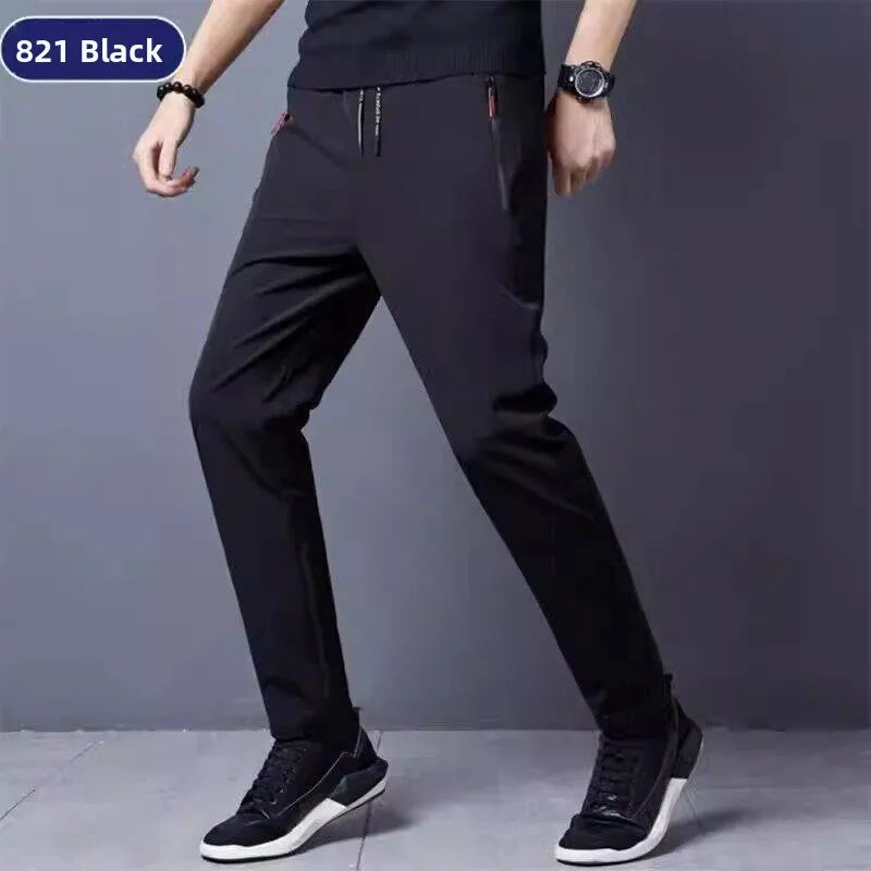 Ice Silk Thin Zipper Pocket Casual Pants Men's Summer Cool Feeling Quick Dry Breathable Straight Leg Long Pants Workwear