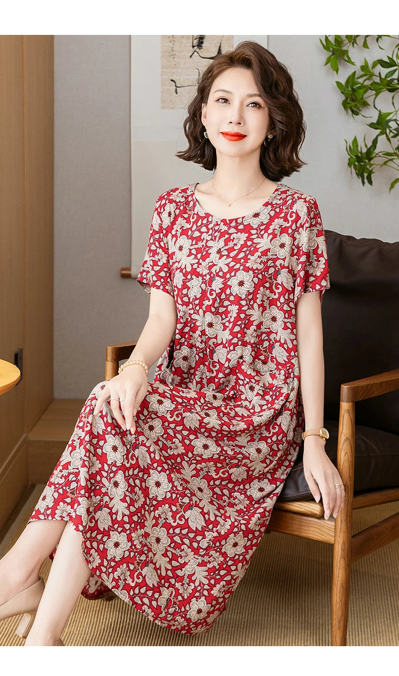 New 2025 Summer Dress Long Vintage Loose Women Elegant Sundress Dress Casual O-neck Dresses Print Plus Size