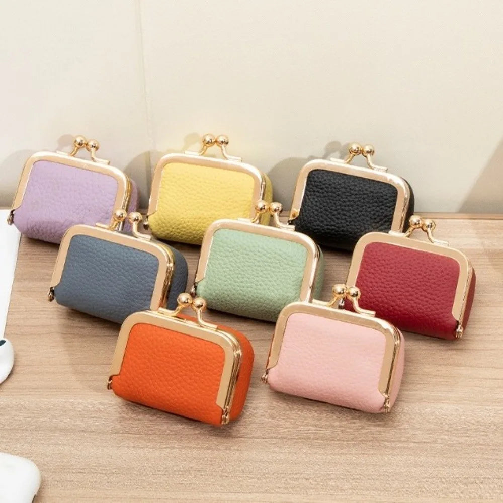 Wallet Genuine Leather Kiss Lock Coin Purse Solid Color Square Leather Jewelry Bag Multifunctional Mini Small Item Bag Earrings