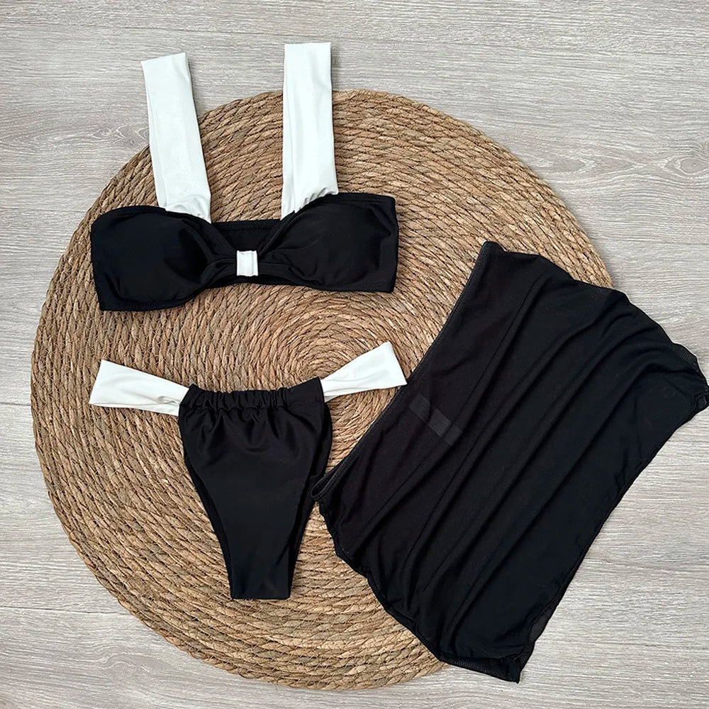 3 Piece Bikini Set With Mini Skirt Push Up Beachwear For Women Sexy Micro Thong Biquini