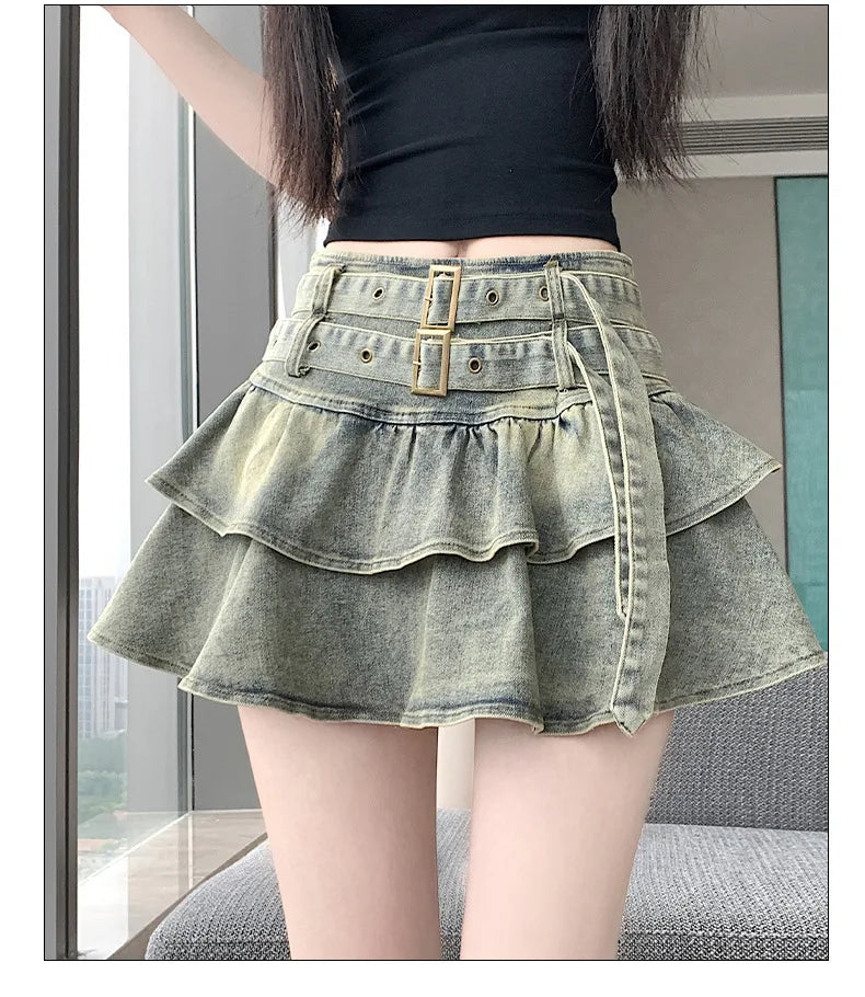 American Pure Desire Spicy Girl Design Elastic Denim Skirt Half-length Pleated Cake Skirt Short Commute High Elasticity