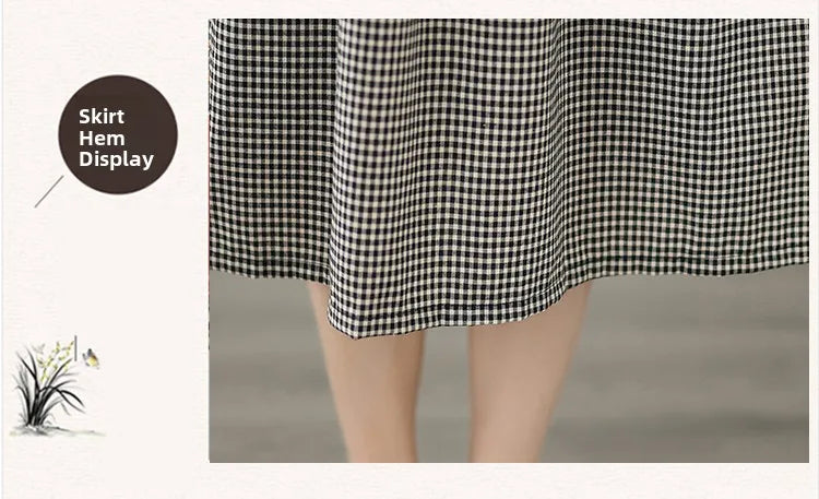 Retro Fashion Casual Plaid Dress Women Summer New V-neck Lace Splicing Loose Slimming Skirt over Knee Cotton Polyester Blend